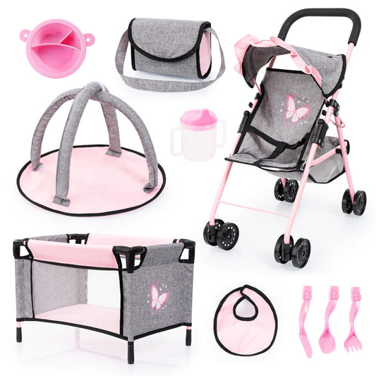 Bayer Dolls Stroller & Accessories Pack - Pink & Grey