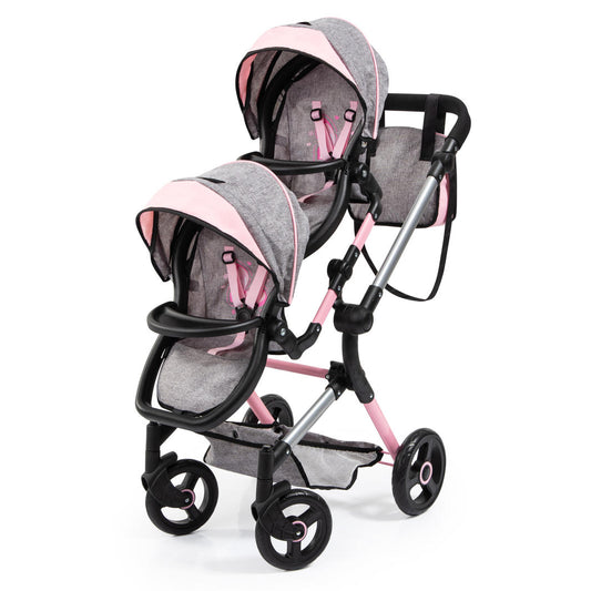 Bayer Twin Dolls Pram - Pink & Grey MEGA DEAL