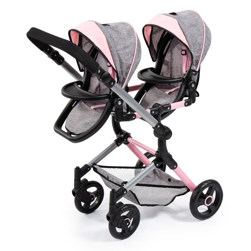 Bayer Twin Dolls Pram - Pink & Grey MEGA DEAL