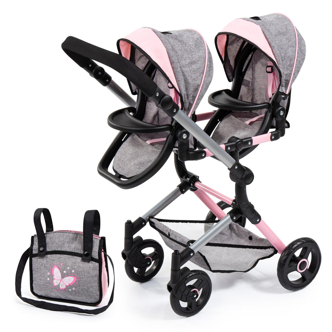 Bayer Twin Dolls Pram - Pink & Grey MEGA DEAL