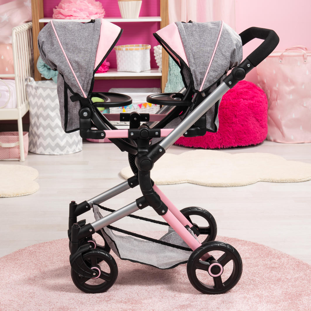 Bayer Twin Dolls Pram - Pink & Grey MEGA DEAL